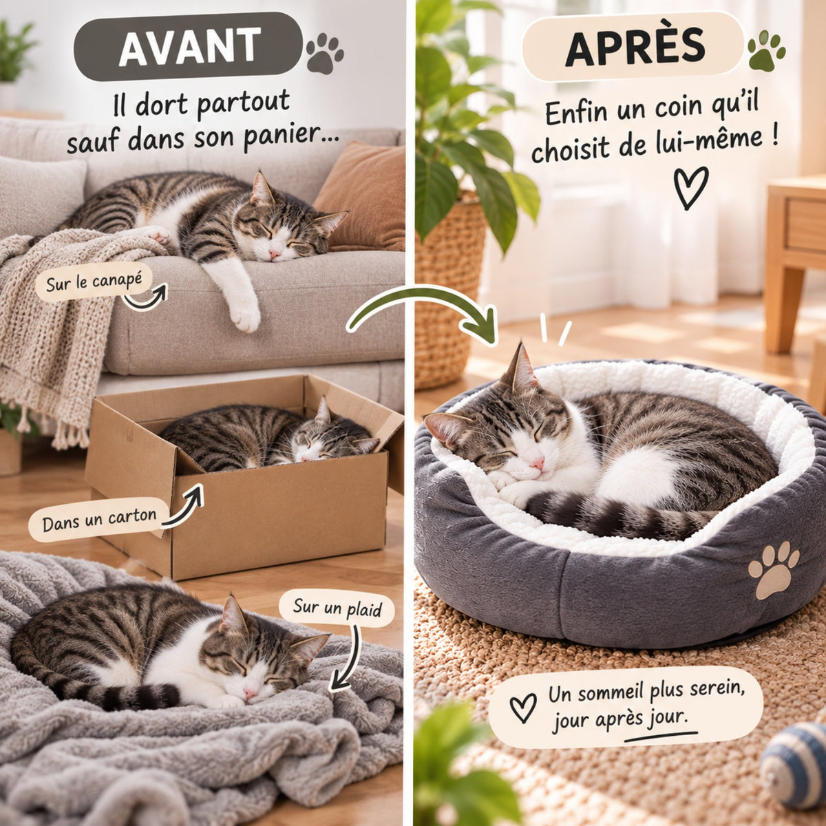 panier chat gris avant après coin qu'il choisit lui-même