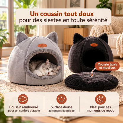 panier chat gris chat endormi et noir coussin amovible