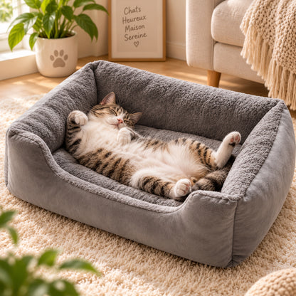 panier chat gris chat lové sur dos salon cocooning