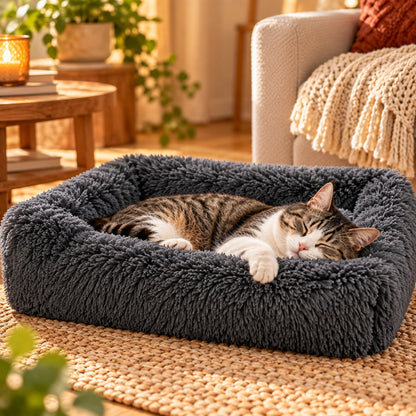 panier chat gris foncé chat tigré endormi sur tapis jute