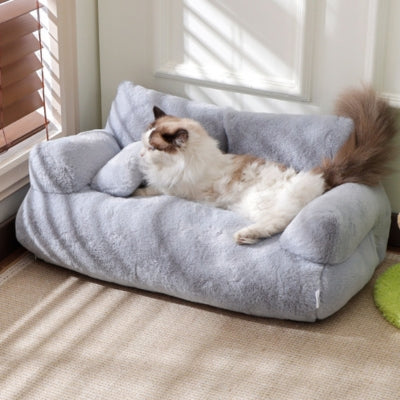 panier chat gris ragdoll allongé confortablement dessus