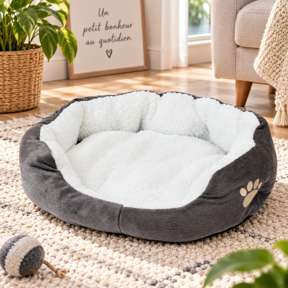 panier chat gris posé sur tapis tressé salon lumineux