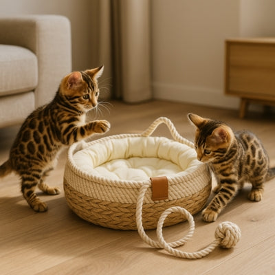 panier chat osier avec coussin blanc deux chaton bangal s'amusant