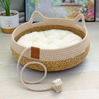 panier chat osier avec coussin blanc 