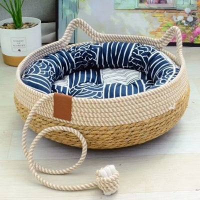 panier chat osier avec coussin bleu avec bords surélevés
