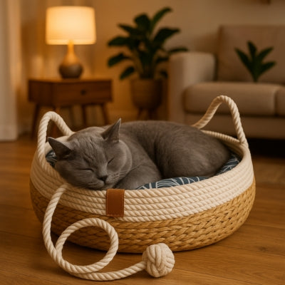 panier chat osier avec coussin bleu chartreux dormant paisiblement