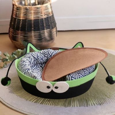 panier chat osier avec tapis bambou coussin bleu