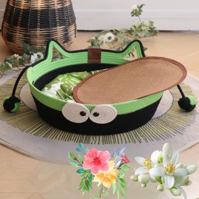 panier chat osier avec tapis bambou coussin vert