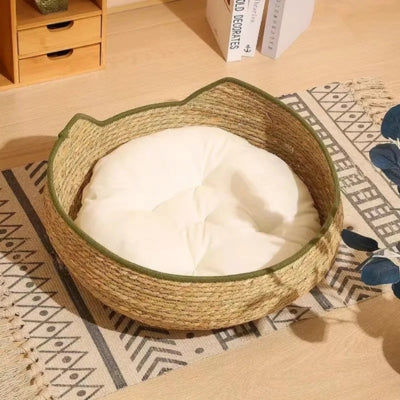 panier chat osier beige contour vert avec coussin