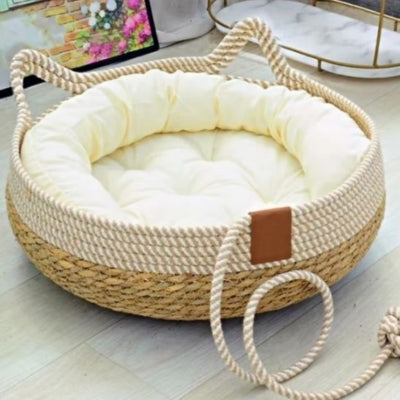 panier chat osier blanc avec coussin blanc bors surélvés