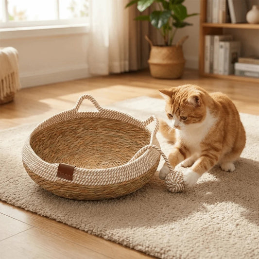 panier chat osier chaton roux joue avec balle corde