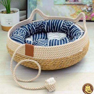 panier chat osier oser l'osier avec coussin bleu avec bords surélevés