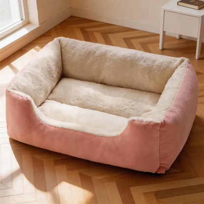 panier chat rose crème rectangulaire parquet fenêtre