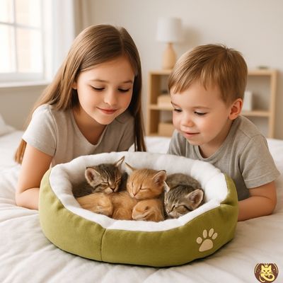 panier chat cocon minou vert chatons enlacés affectueusement enfants regardant