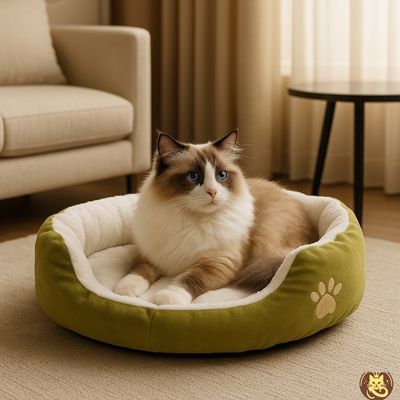 panier chat cocon minou vert ragdoll relaxant dedans dans salon