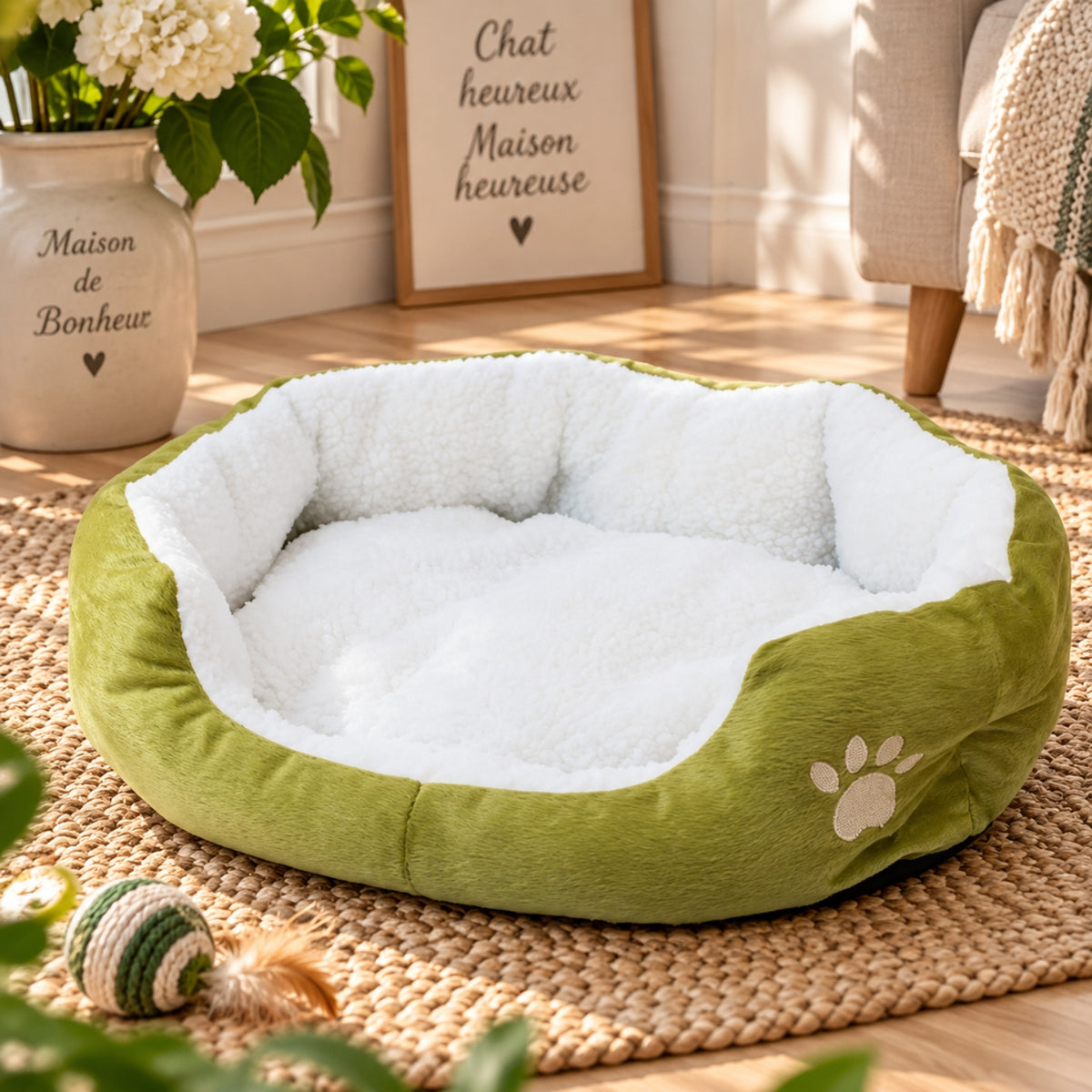 panier chat vert posé sur tapis jute salon lumineux
