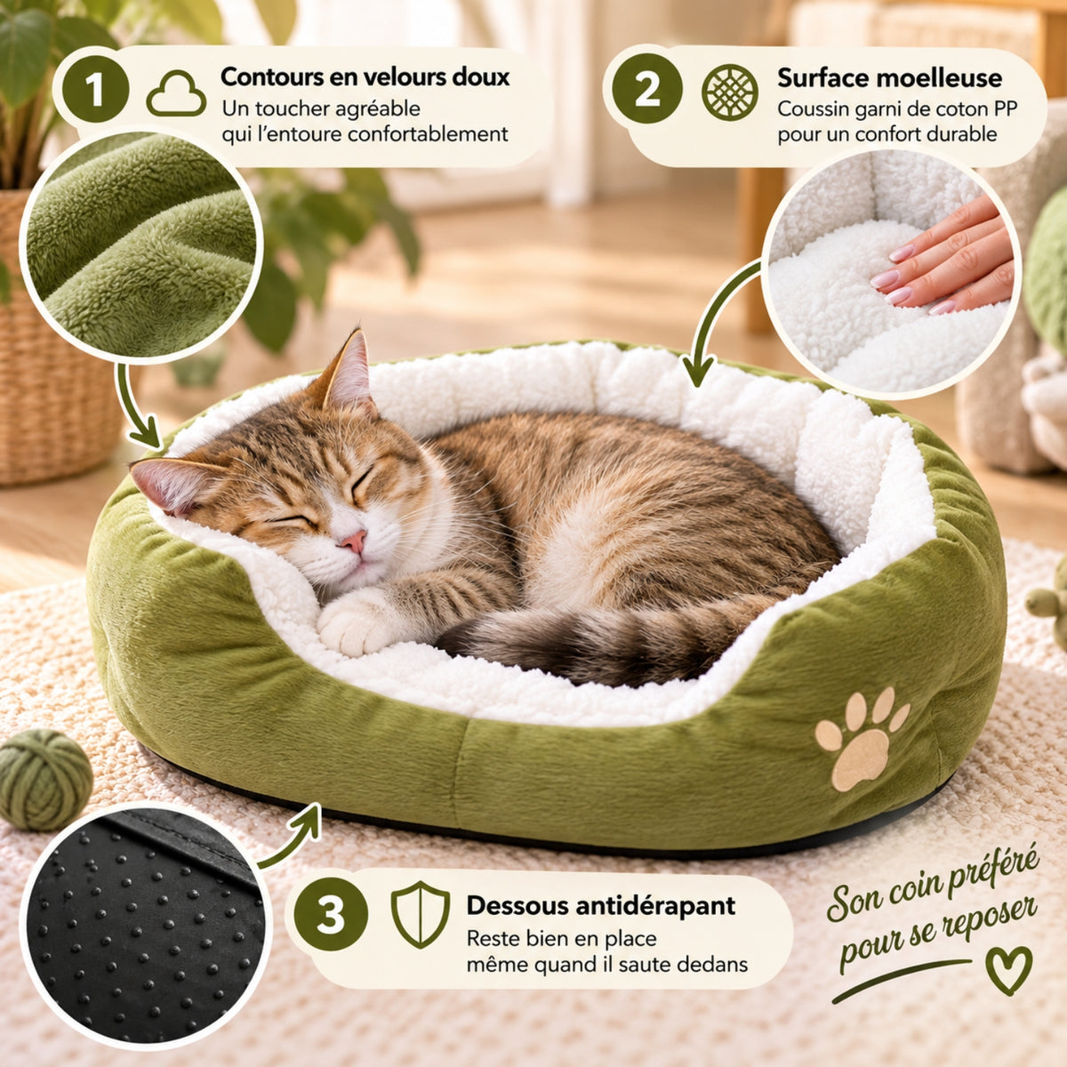 panier chat vert chat lové contours velours dessous antidérapant