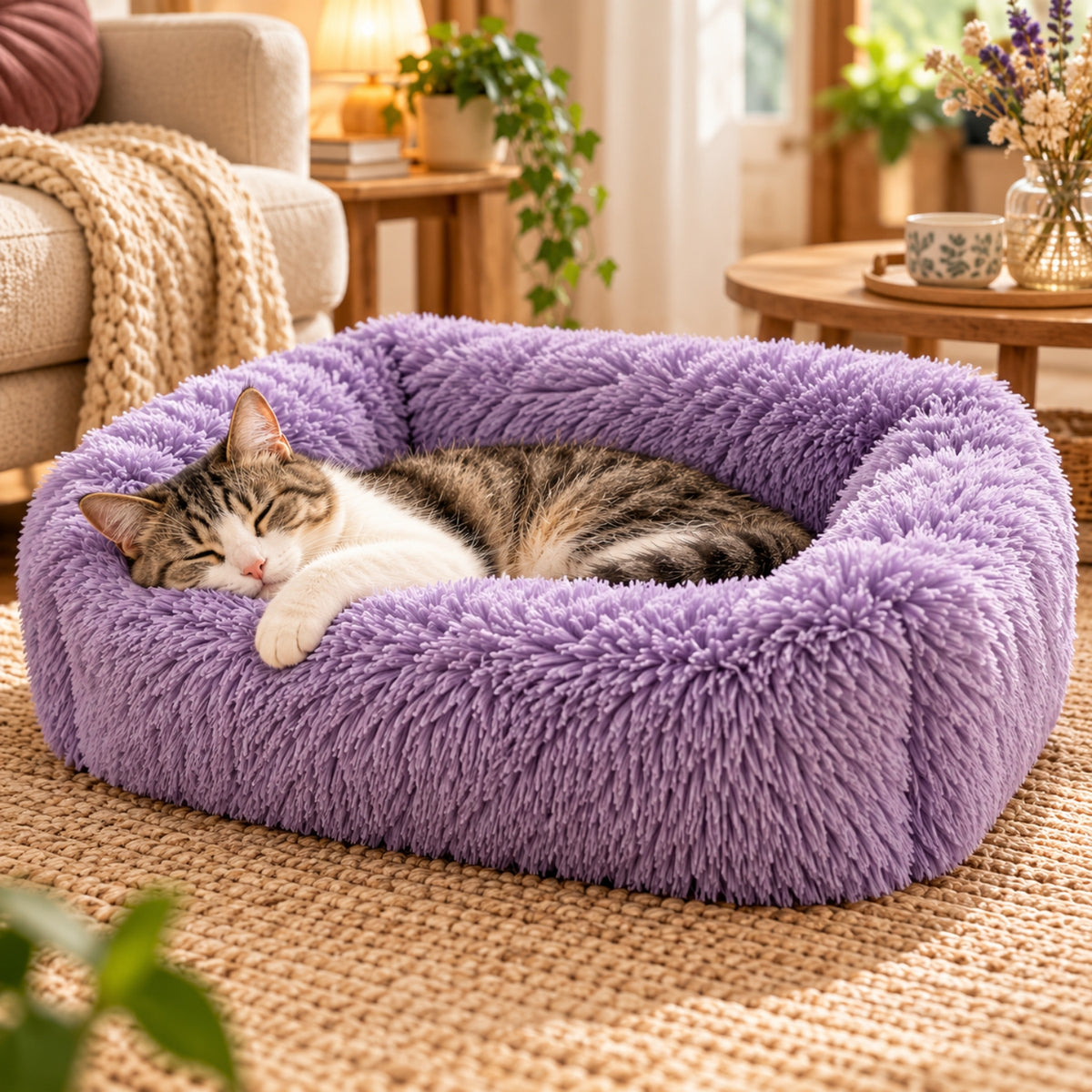 panier chat violet lavande chat tigré blanc endormi sur tapis