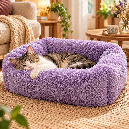panier chat violet lavande chat tigré blanc endormi sur tapis