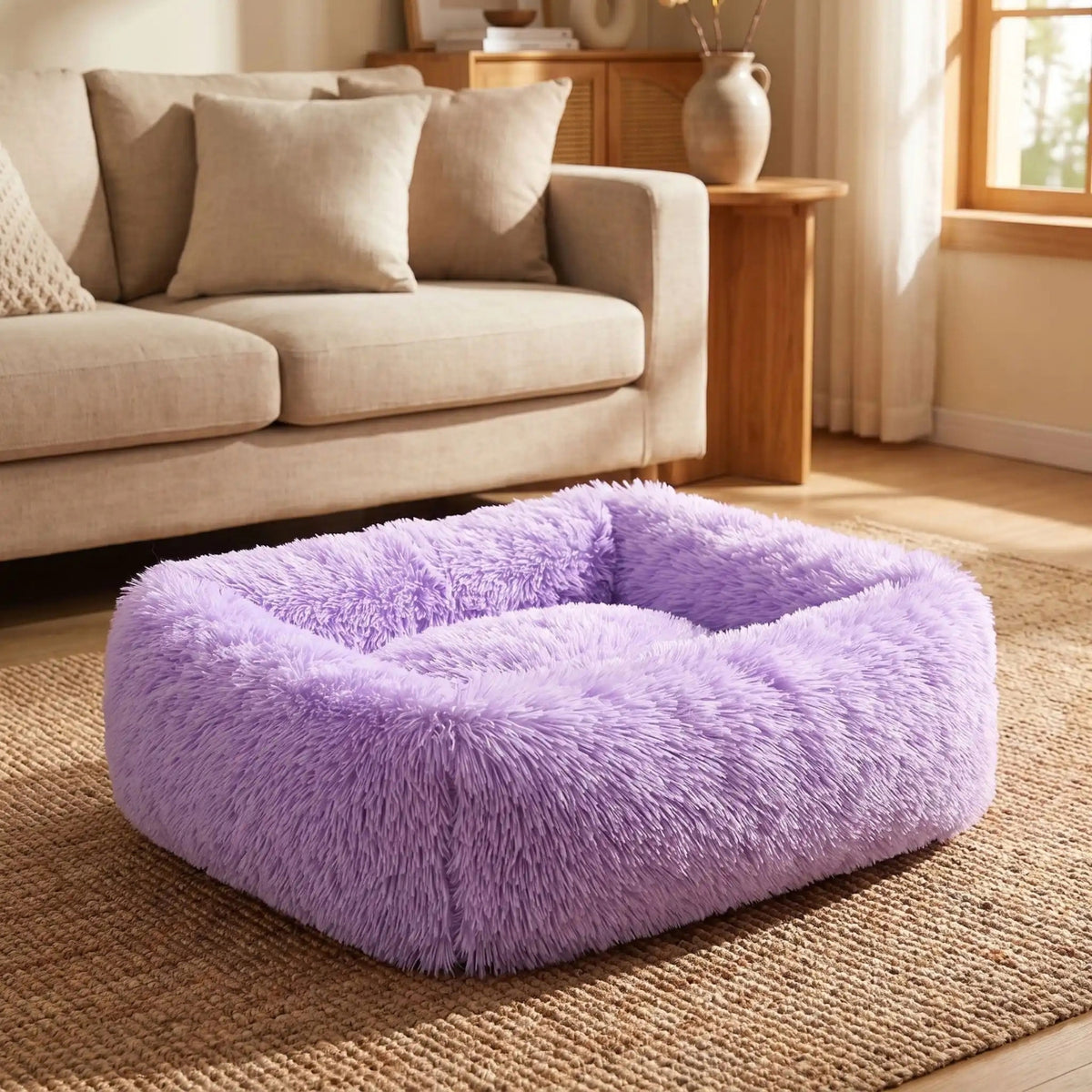 panier chat violet lavande sur tapis jute devant canapé beige