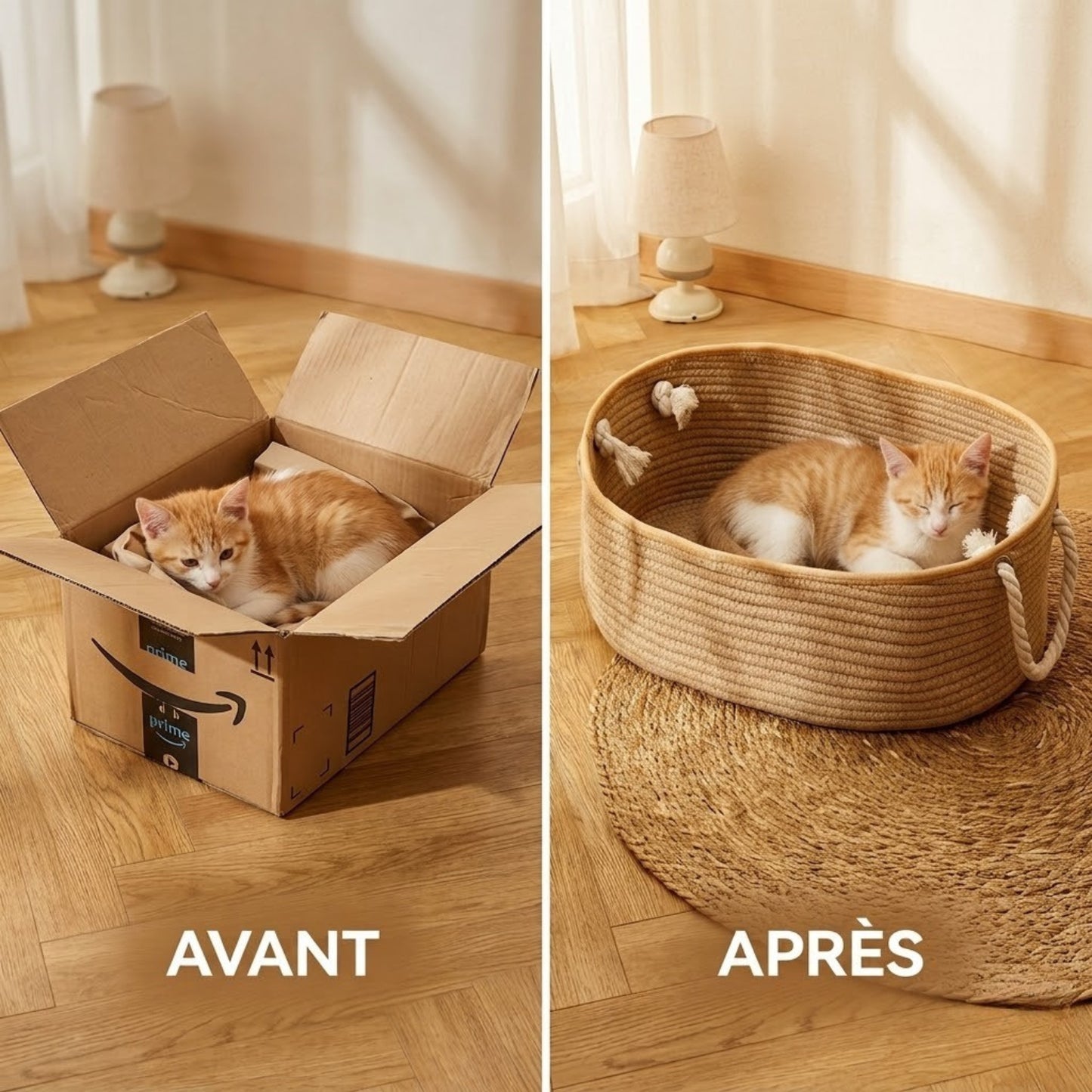 chaton qui délaisse le carton pour dormir dans son panier chaton en corde tressée