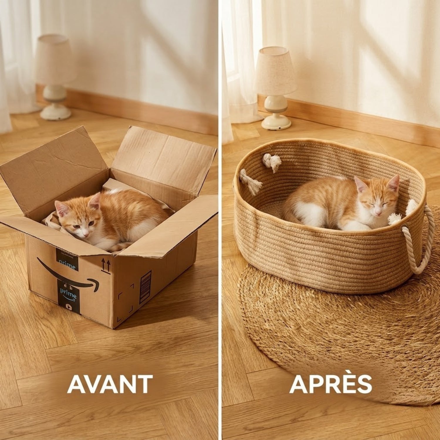 chaton qui délaisse le carton pour dormir dans son panier chaton en corde tressée