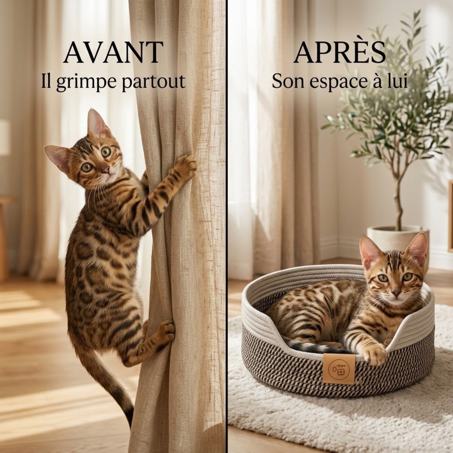 panier chaton bengal grimpe aux rideaux puis se pose dans panier