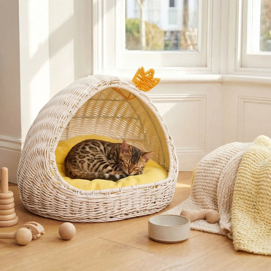 panier chaton bengal installé dans rotin blanc