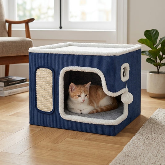 panier chaton bleu marine, chaton roux lové dans refuge