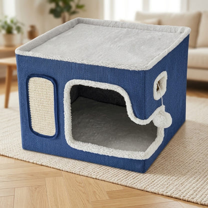 panier chaton bleu marine, deux niveaux avec griffoir