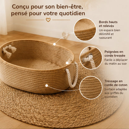 caractéristiques du panier chaton : bords hauts, poignées, tressage