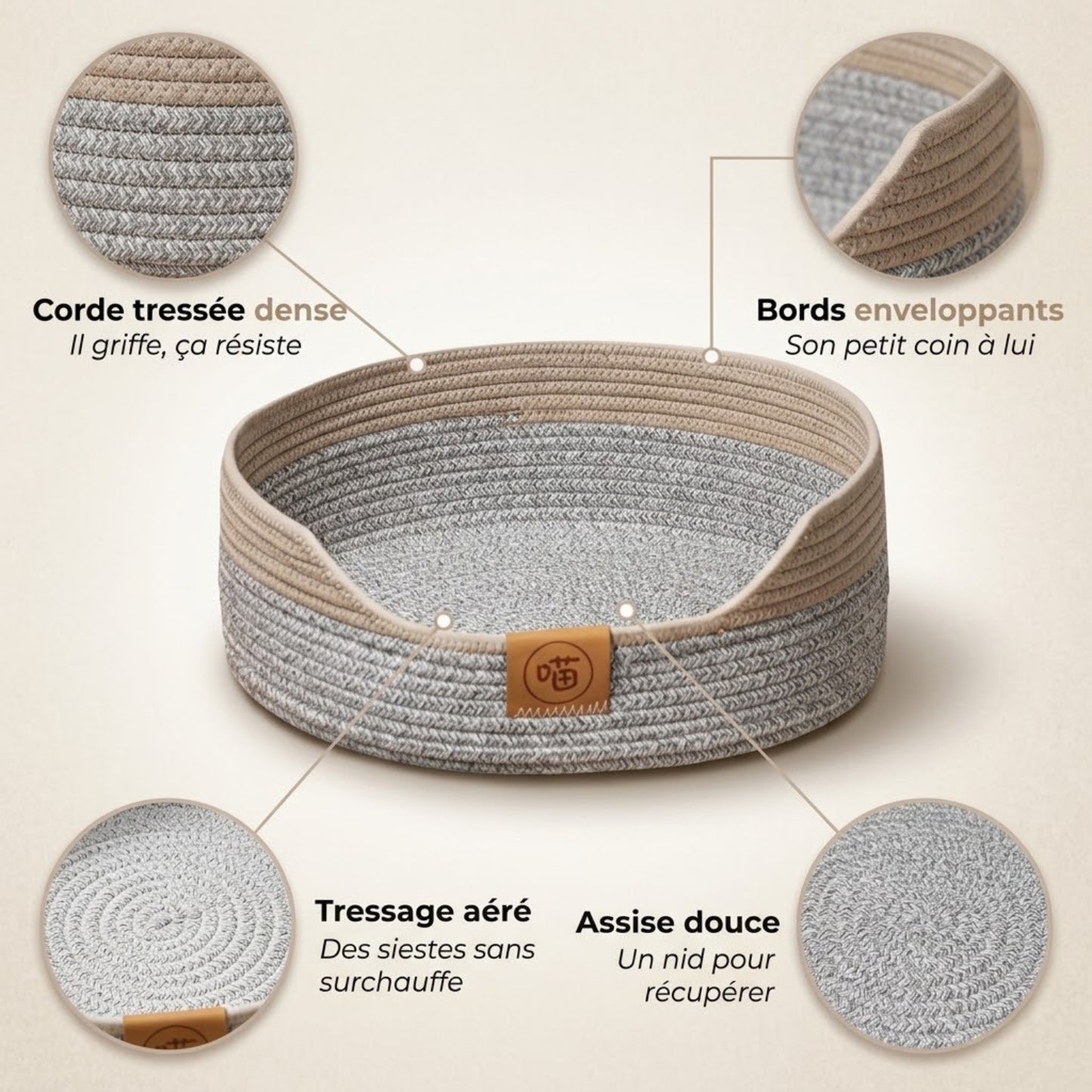 panier chaton brume corde tressée bords enveloppants tressage assise zooms