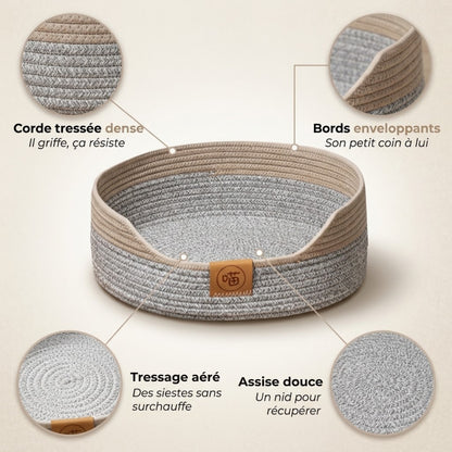 panier chaton brume corde tressée bords enveloppants tressage assise zooms