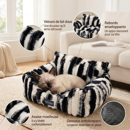Panier chaton canapé zèbre, velours de lait et rebords enveloppants