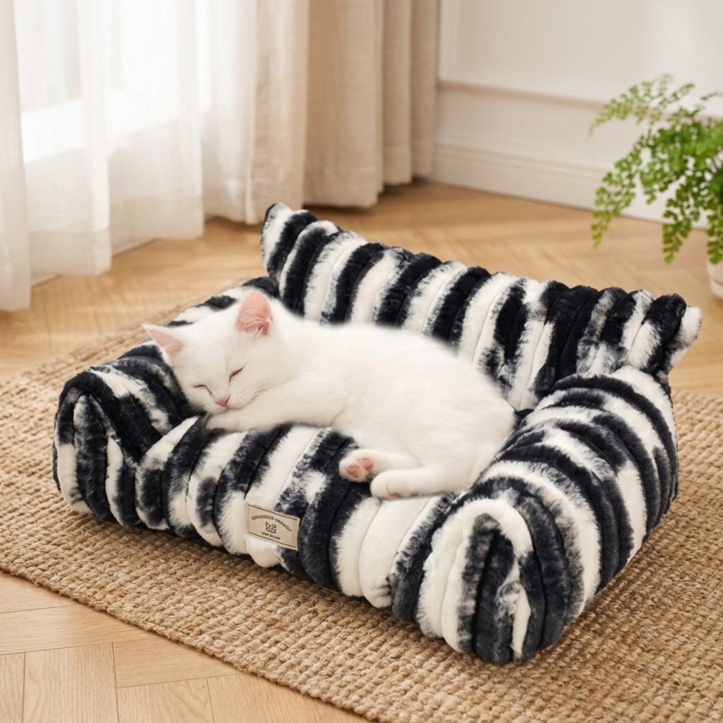 Panier chaton canapé zèbre, chaton blanc endormi dessus au salon