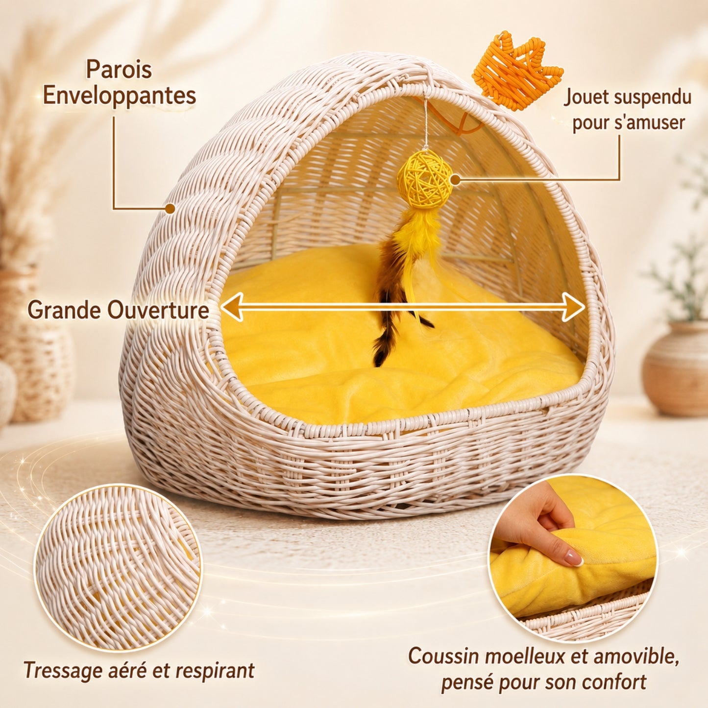 panier chaton parois ouverture coussin moelleux tressage jouet