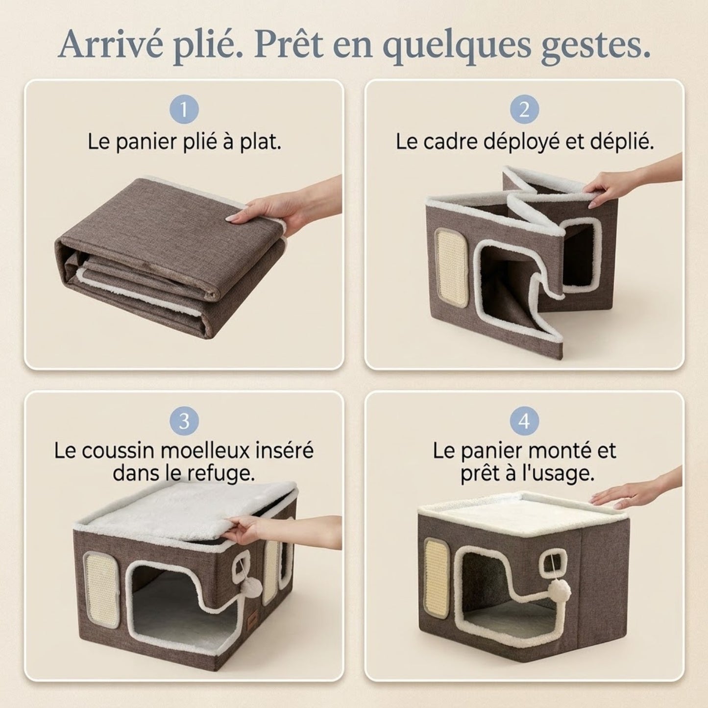 panier chaton pliable, montage en quatre gestes sans outil
