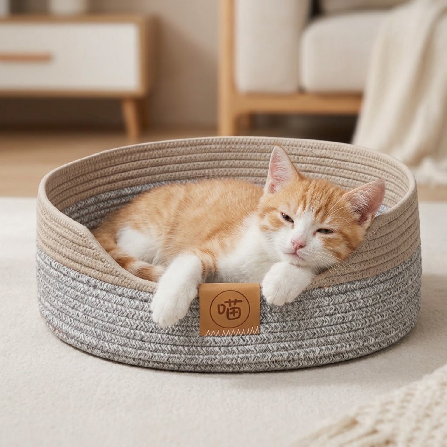 panier chaton roux lové et détendu dans son panier tressé