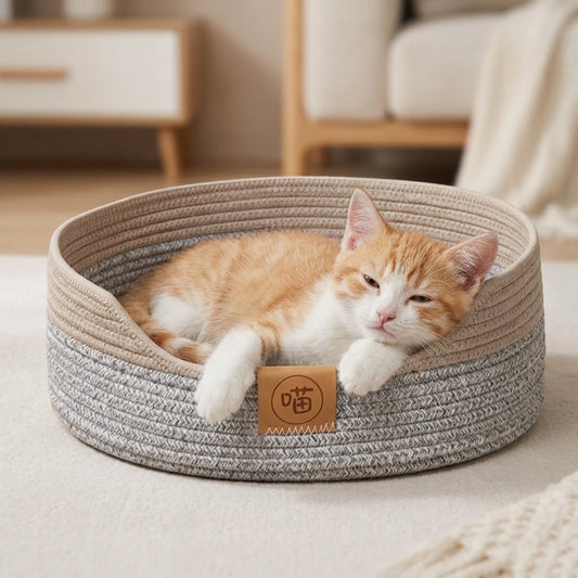 panier chaton roux lové et détendu dans son panier tressé