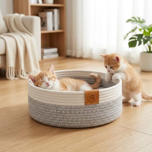 panier chatons corde coton gris chaton lové dedans autre fais griffes dessus