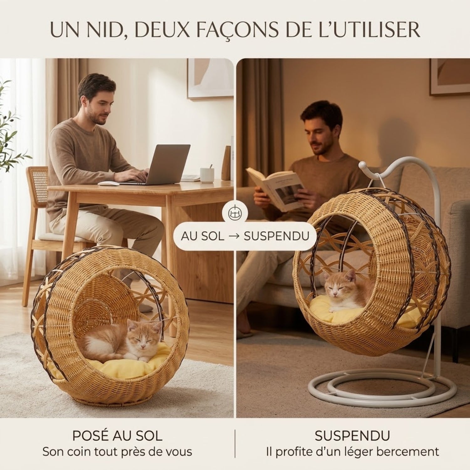 panier chatons posé au sol ou suspendu deux usages