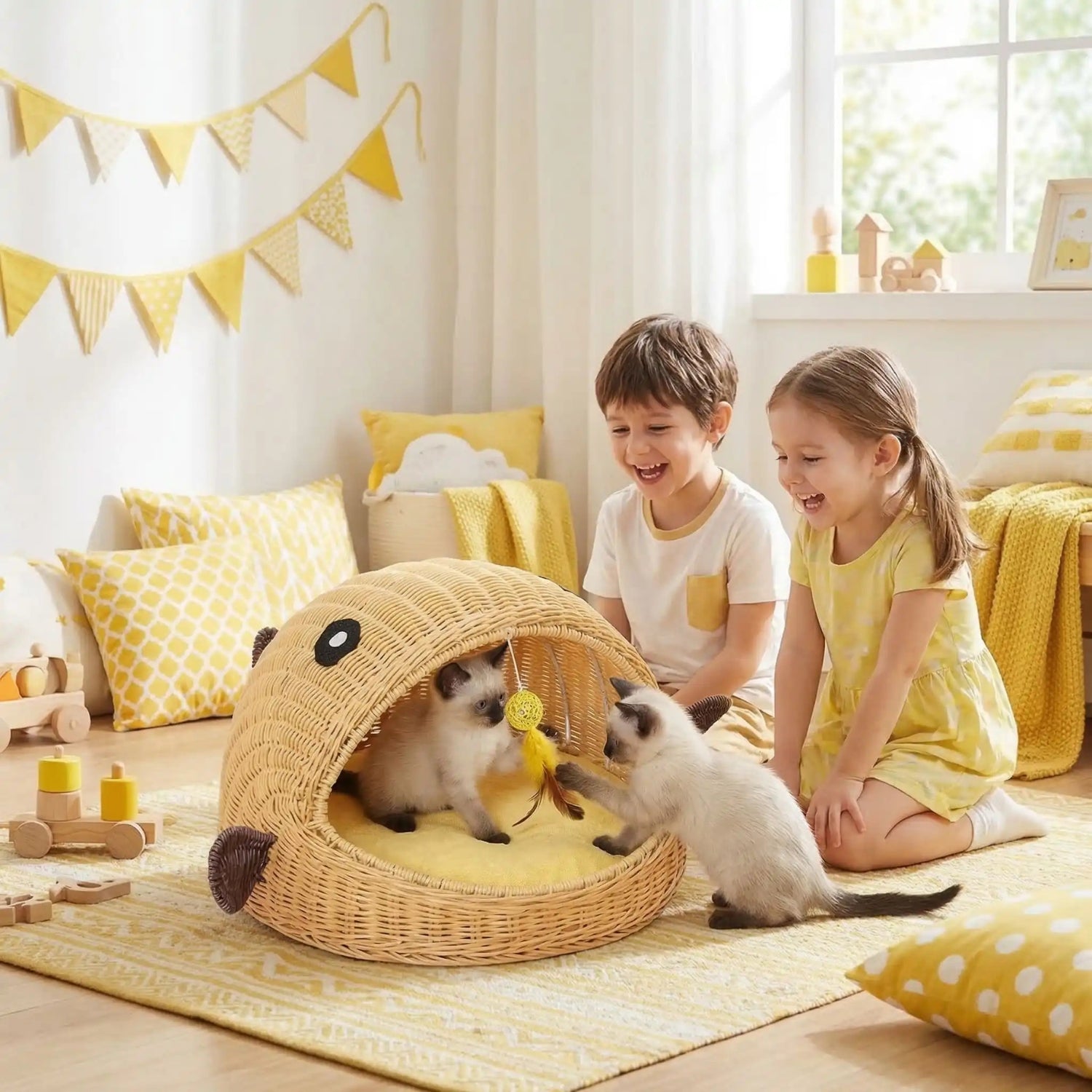 panier chatons deux enfants jouent avec deux chatons siamois