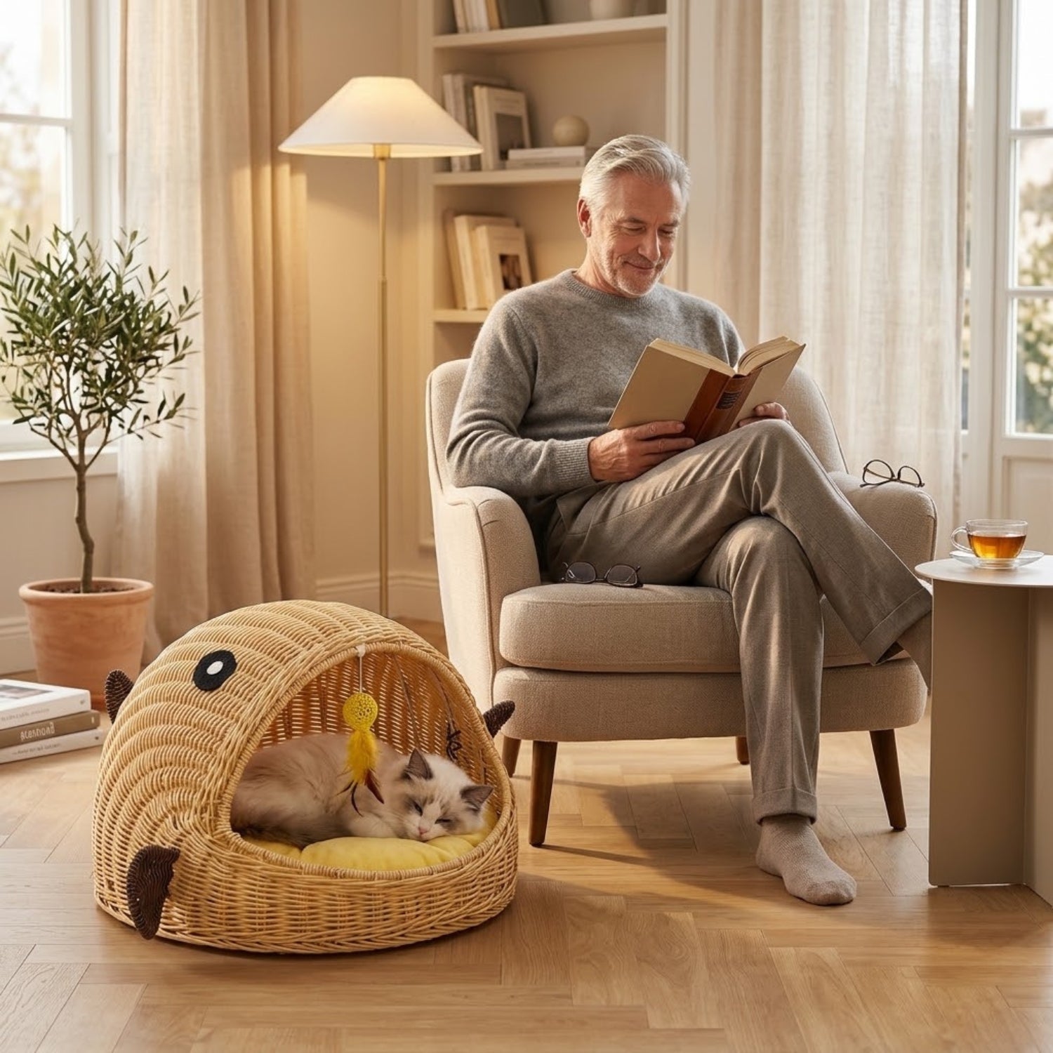 panier chatons chaton dort au salon pendant qu'un homme lit