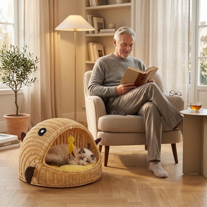 panier chatons chaton dort au salon pendant qu'un homme lit