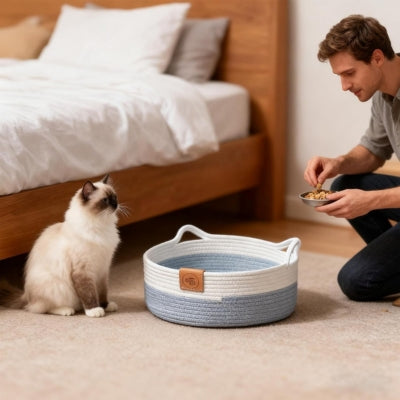 panier osier chat ragdoll assis à côté homme lui donnant friandise