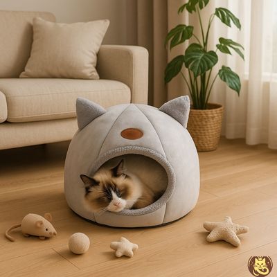 panier pour chat velvy nest gris avec chat endormi