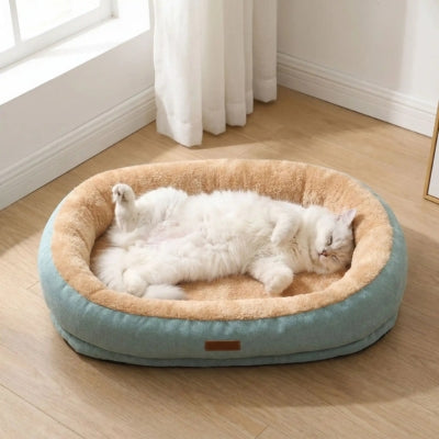 persan dort patte en l'air dans un des coussins chat nid moelleux vert clair