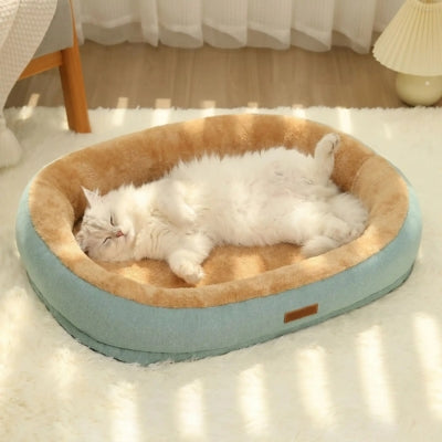 persan dort sur le dos dans un des coussins chat nid moelleux vert clair