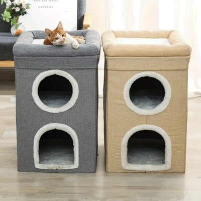 pouf niche chat triplexe félin deux variantes gris beige