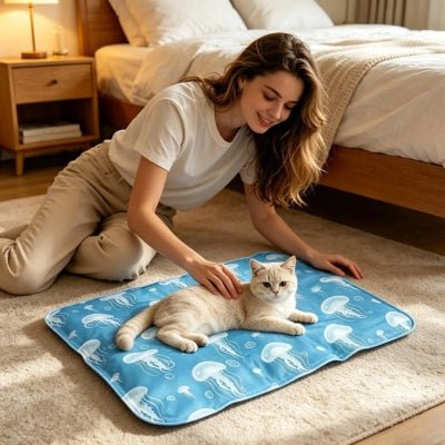 propriétaire avec chat sur tapis refroidissement chat chambre